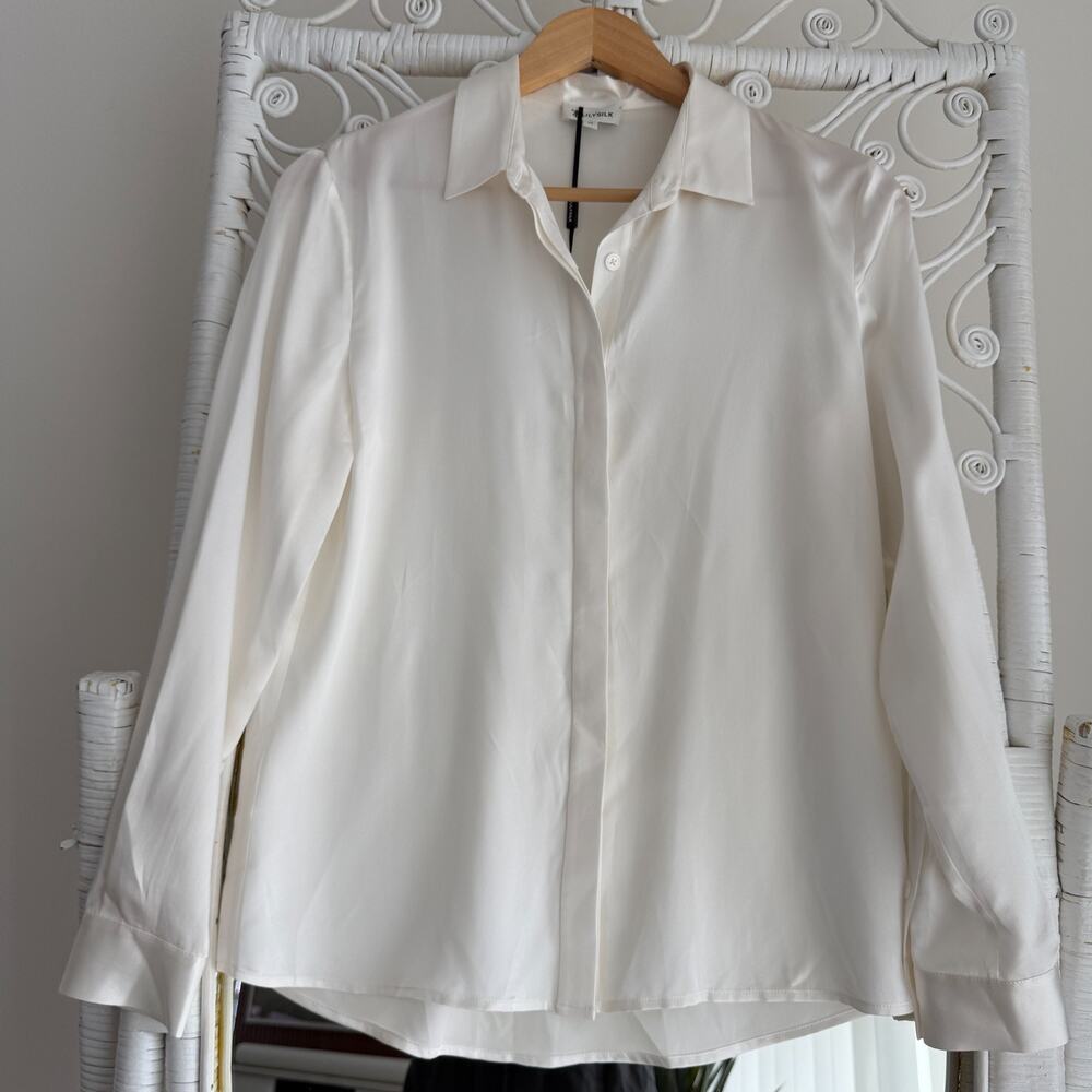 LILYSILK Shirt XS Natural White Silk Basic Concealed Placket Blouse Quiet Luxury